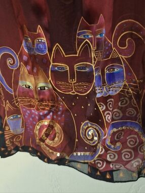 Laurel Burch Sheer 100% Silk Maroon And Black Sequin Cat Scarf Rectangle 53"